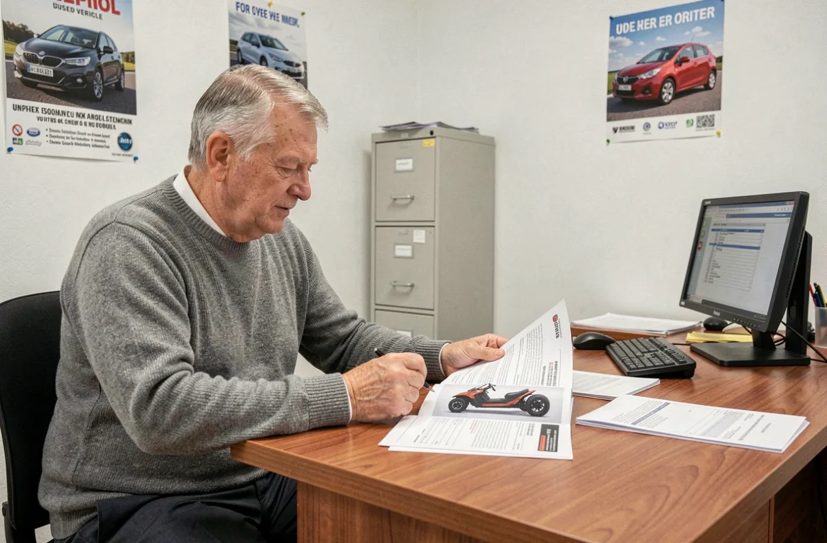 Acheteur et vendeur signant les papiers d'une voiture sans permis d'occasion en Isère