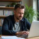 Homme méfiant examinant une annonce de voiture d'occasion en ligne sur son ordinateur portable depuis son bureau à domicile