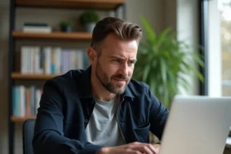 Homme méfiant examinant une annonce de voiture d'occasion en ligne sur son ordinateur portable depuis son bureau à domicile