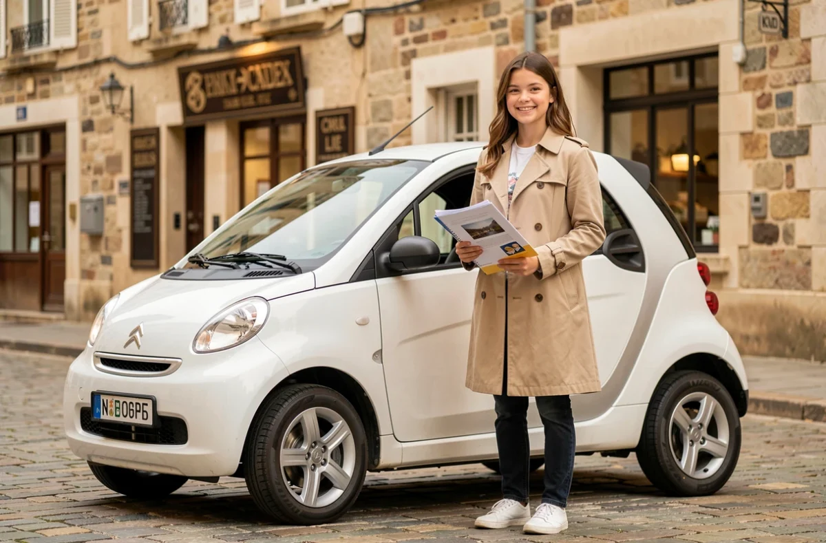 Adolescente avec ses documents devant une voiture sans permis en ville, démarches pour obtenir le permis AM