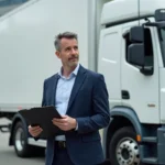 Agent d'assurance homme en costume bleu près d'un camion blanc