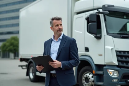 Agent d'assurance homme en costume bleu près d'un camion blanc