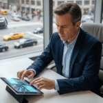 Agent d'assurance en bureau moderne avec ville et voitures autonomes