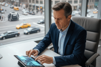 Agent d'assurance en bureau moderne avec ville et voitures autonomes