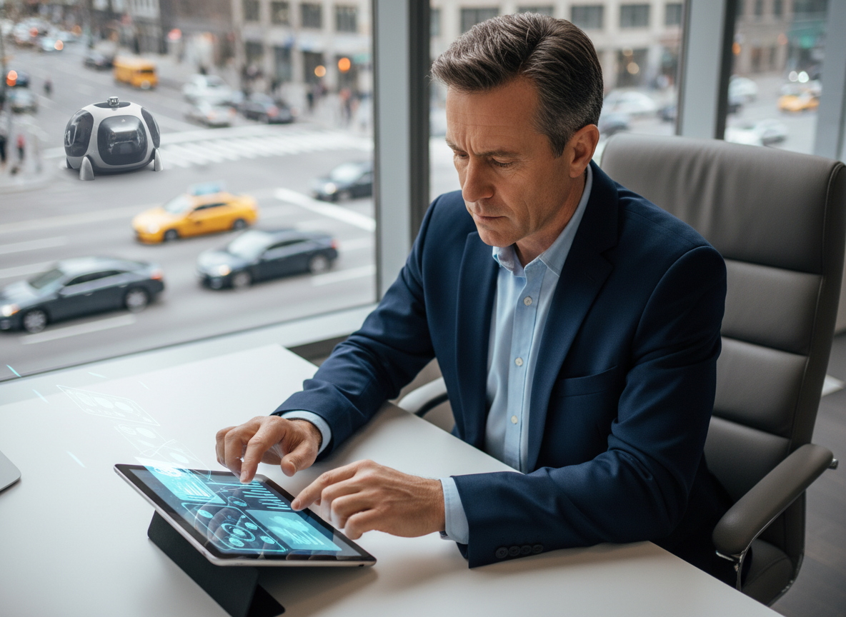 Agent d'assurance en bureau moderne avec ville et voitures autonomes