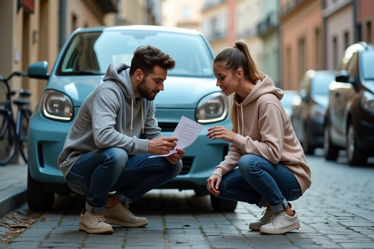 Deux jeunes amis inspectant une petite voiture d'occasion abordable dans une rue urbaine avec une checklist