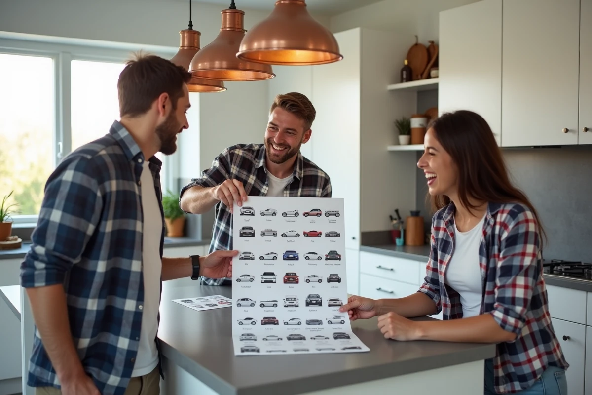 Groupe d'amis découvrant un poster de logos de marques automobiles de A à Z dans une cuisine moderne