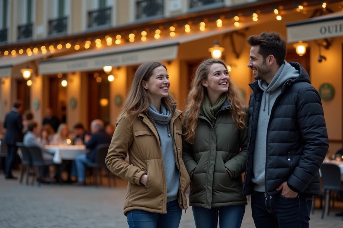 Amis discutant devant un restaurant à Versailles