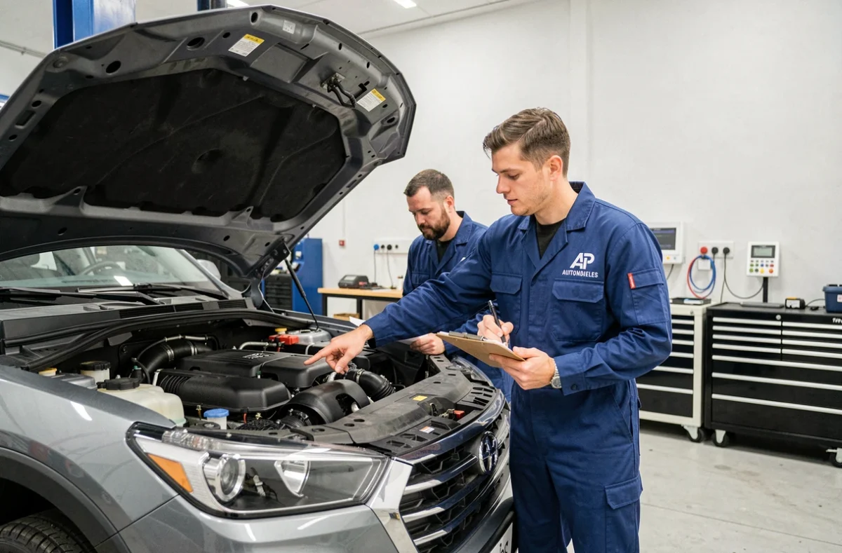 Deux techniciens d'AP Automobiles collaborant sur le moteur d'un SUV surélevé dans un atelier spacieux et moderne