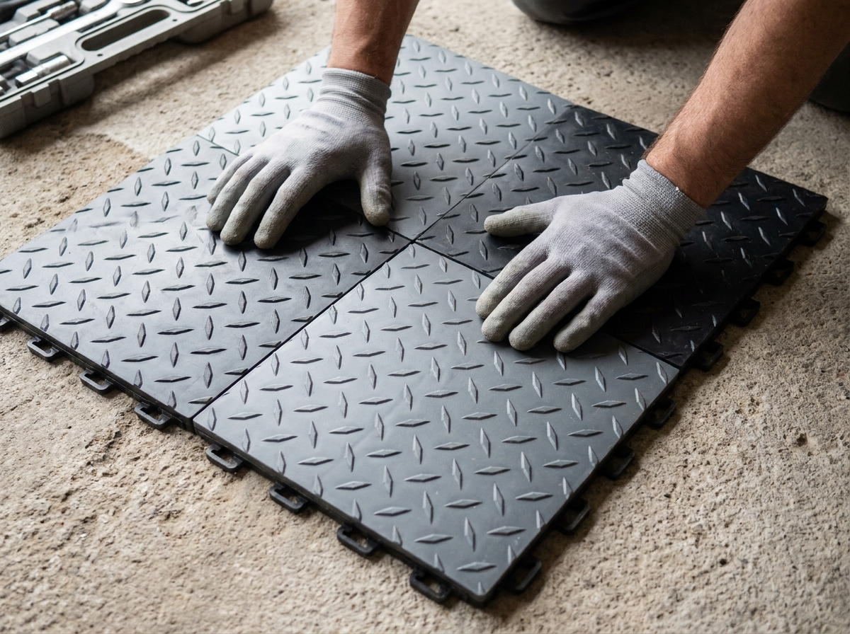 Gros plan sur l'assemblage de dalles clipsables pour garage, mécanisme d'emboîtement visible sur béton