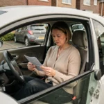 Femme examinant des documents d'assurance dans une voiture sans permis garée dans une rue résidentielle