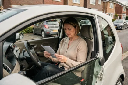 Femme examinant des documents d'assurance dans une voiture sans permis garée dans une rue résidentielle
