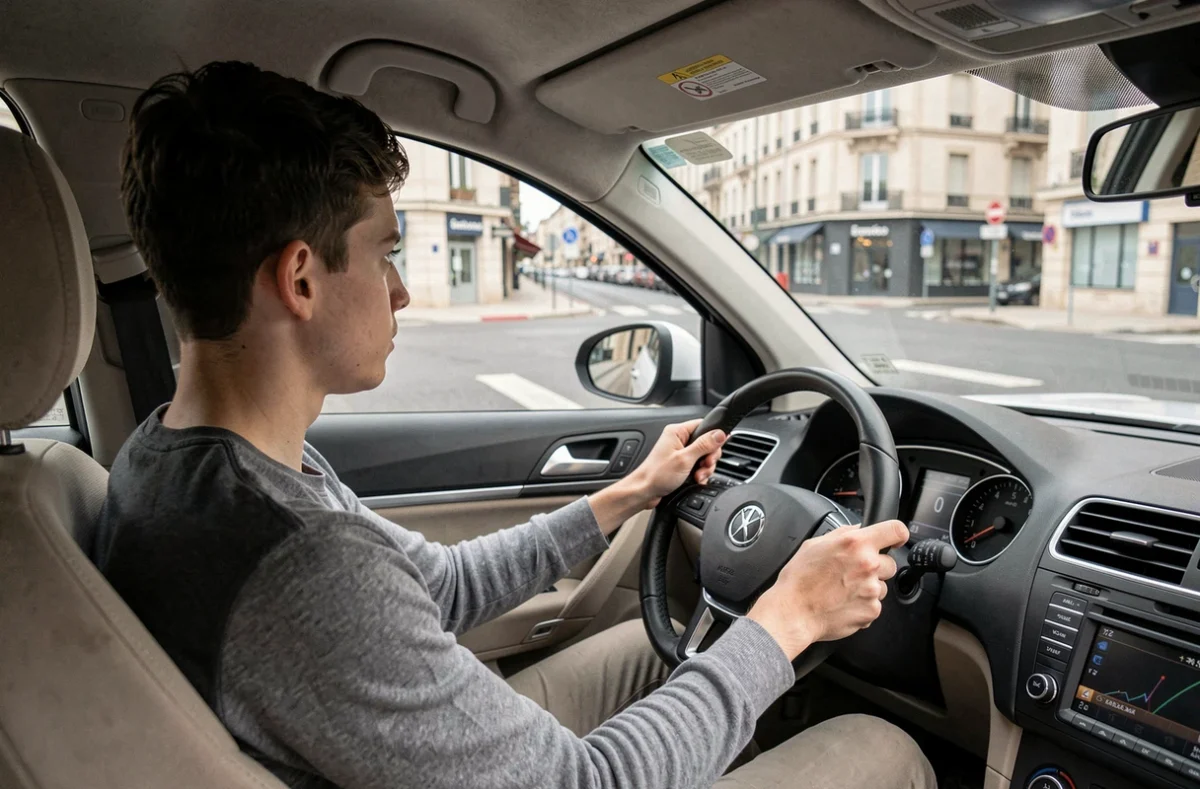 Jeune élève de l'auto-école Colbert négociant un rond-point dans une ville des Hauts-de-France