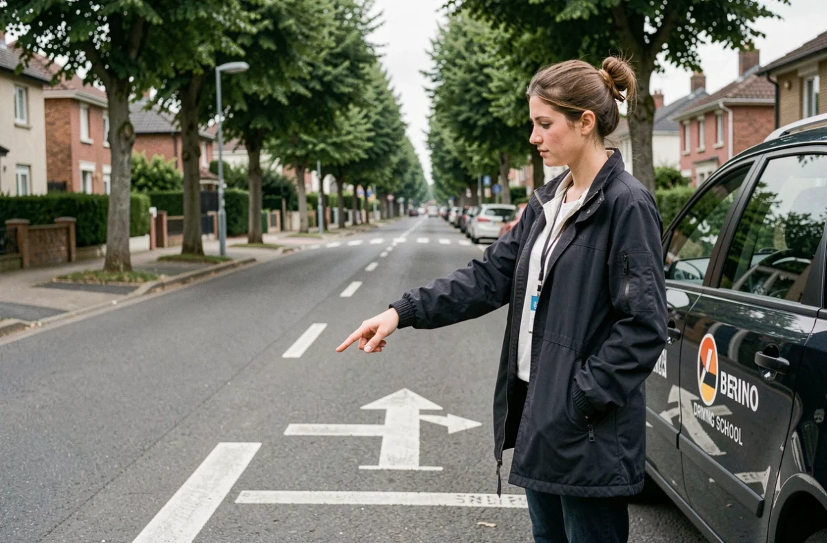Monitrice de l'auto-école Huvelle montrant les marquages routiers à une élève en Hauts-de-France