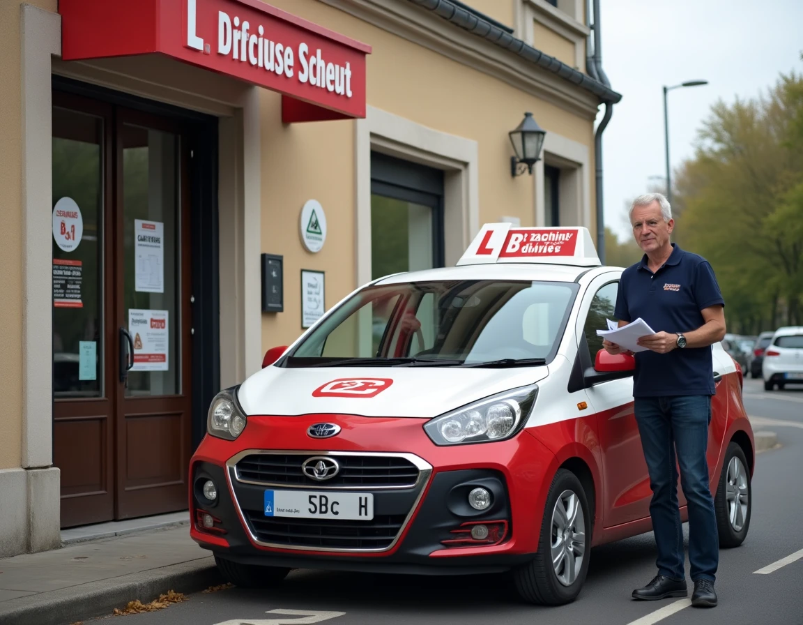Auto-école française avec une voiture d'enseignement et un moniteur devant la façade de l'établissement