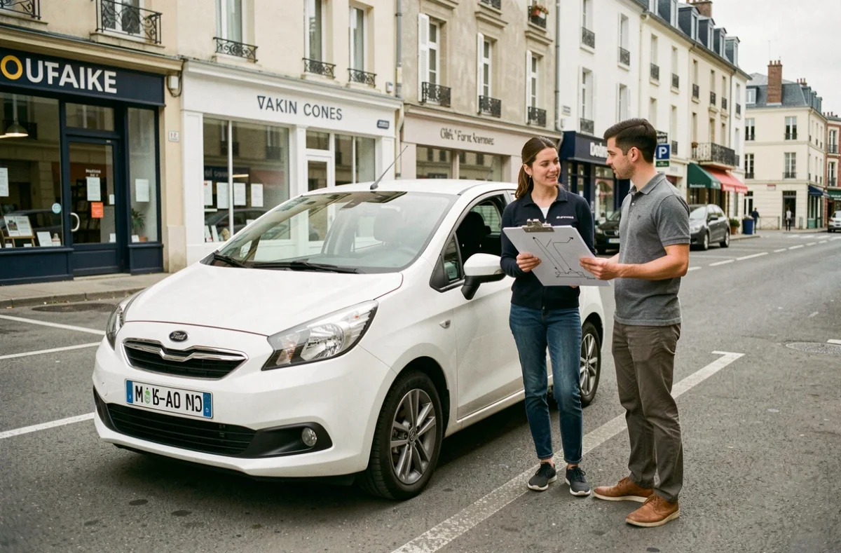 Monitrice de l'auto-école Pro G expliquant une manœuvre à un élève dans un parking d'entraînement