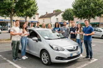 Élèves et moniteur d'auto-école devant un véhicule d'apprentissage en Seine-et-Marne