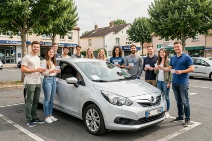 Élèves et moniteur d'auto-école devant un véhicule d'apprentissage en Seine-et-Marne
