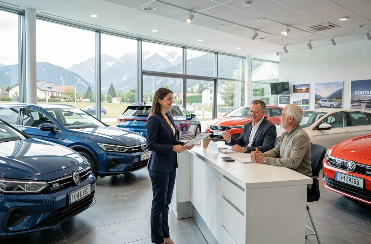 Conseillère commerciale présentant des véhicules multimarques dans le showroom d'Automobiles Brunella à Pontarlier