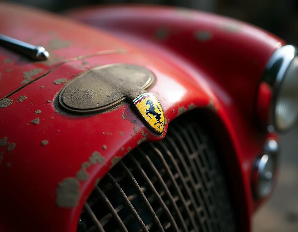 Gros plan sur le badge cheval cabré et la calandre d'une ancienne voiture de course italienne, détail emblème historique Ferrari origines