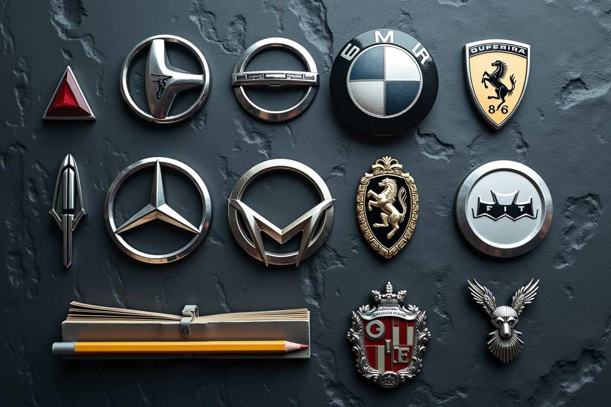 Badges et emblèmes métalliques de marques de voitures disposés sur une surface en ardoise grise pour un quiz auto