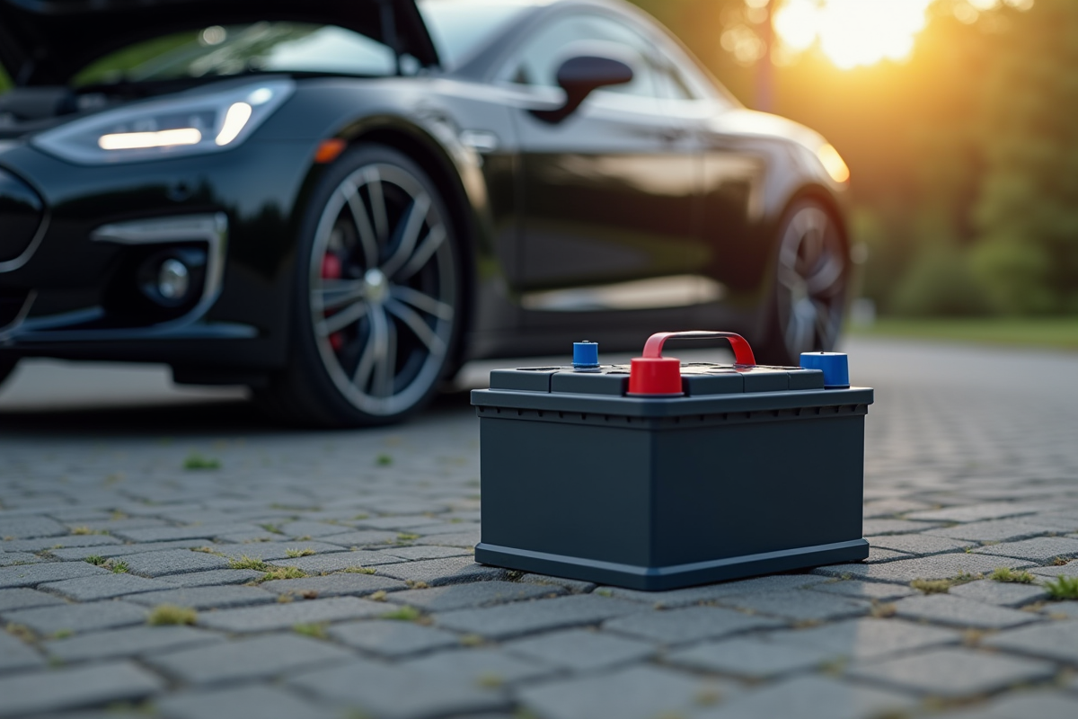 Batterie de voiture neuve à côté du capot ouvert