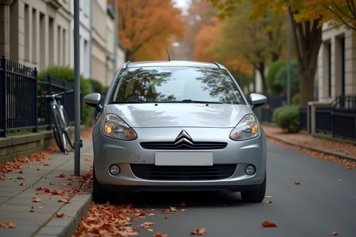 Berline compacte argentée garée dans une rue résidentielle française, symbole du budget automobile et des chevaux fiscaux