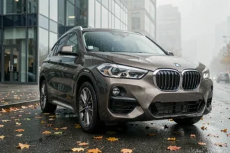 BMW X1 F48 garé en ville sous la pluie, vue trois quarts avant sur asphalte mouillé avec reflets urbains
