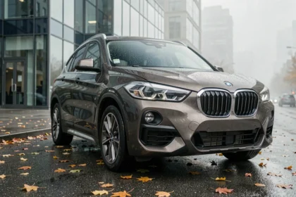 BMW X1 F48 garé en ville sous la pluie, vue trois quarts avant sur asphalte mouillé avec reflets urbains