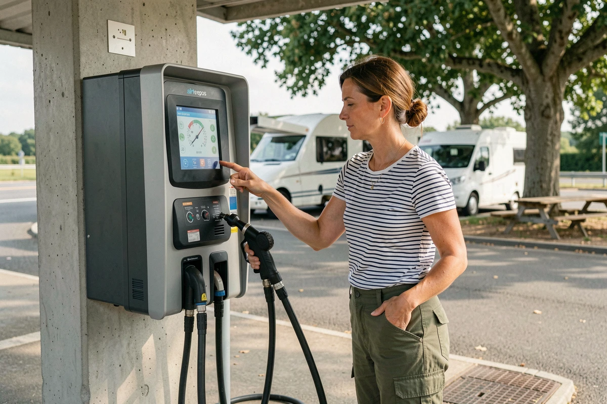 Femme utilisant une borne de gonflage automatique dans une aire de service sur l'autoroute en France