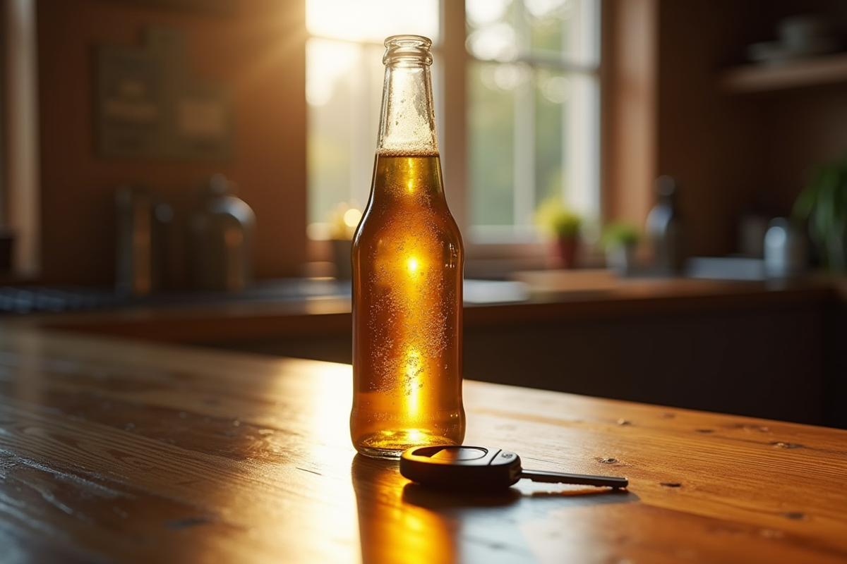Bouteille de biere et clés sur bar en bois
