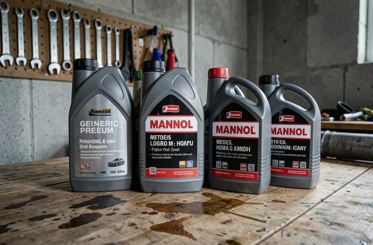Bouteilles d'huile moteur Mannol et grandes marques posées sur un établi en bois dans un garage