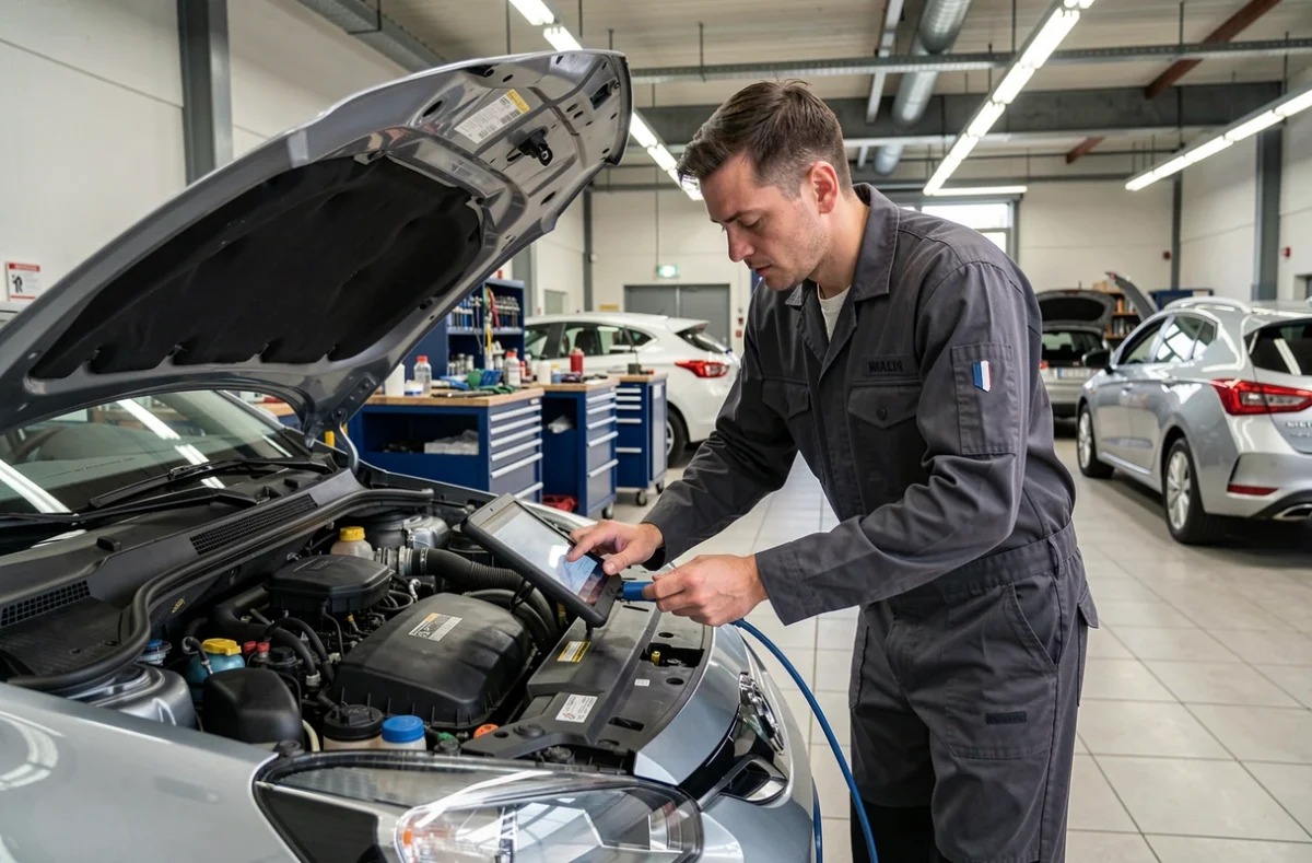 Mécanicien réalisant un diagnostic électronique sur un véhicule dans l'atelier BR Auto à Besançon