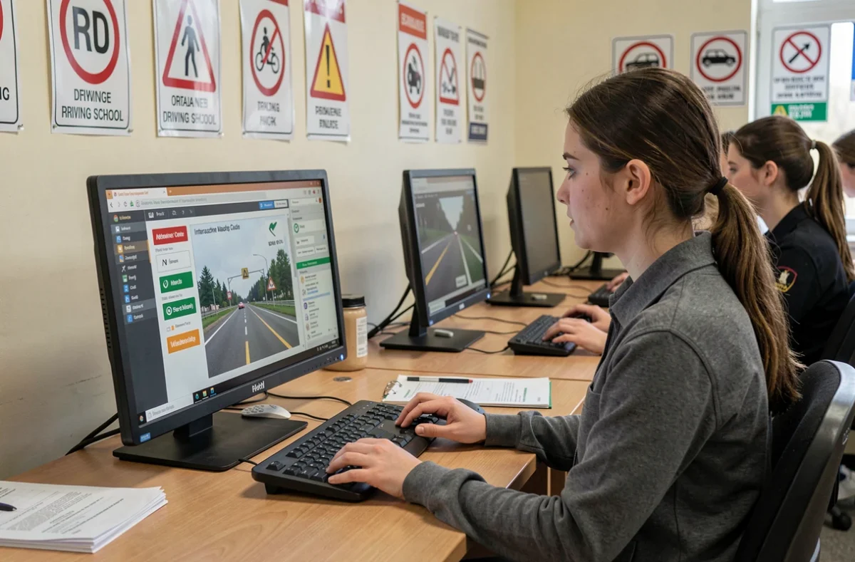 Élève de C Permis révisant le code de la route sur ordinateur dans une salle de formation