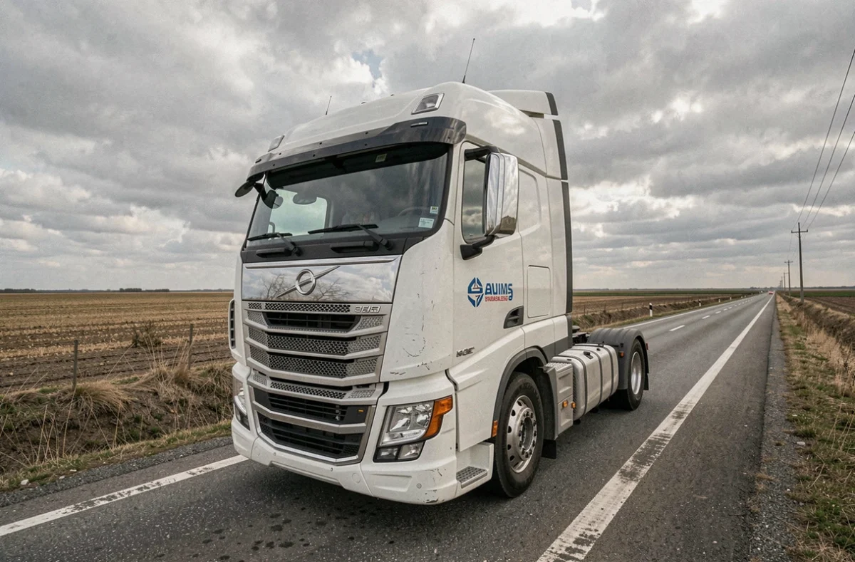 Gros plan sur la cabine d'un camion poids lourd 38 tonnes garé sur une route de campagne, vu de face en contre-plongée