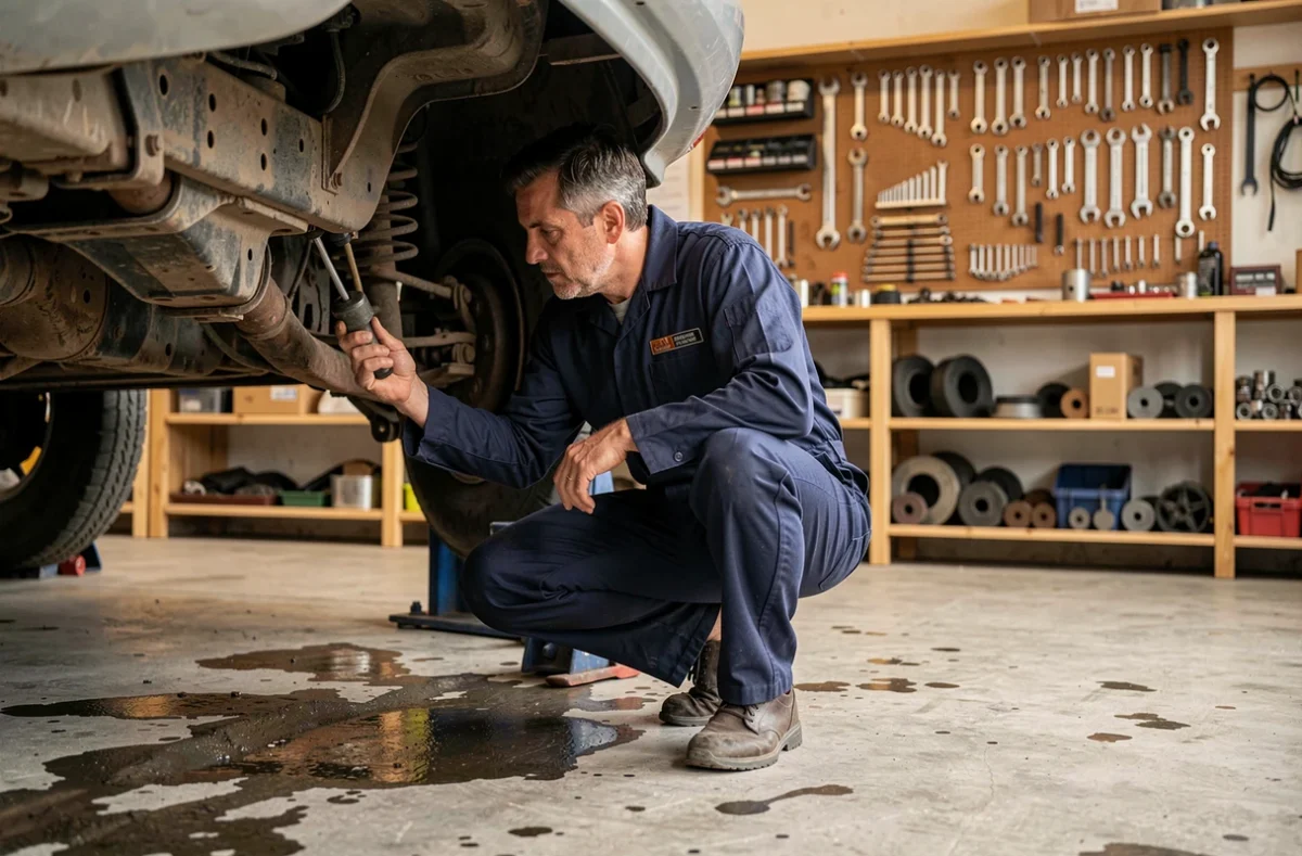Mécanicien spécialisé en mécanique généraliste inspectant un véhicule soulevé dans l'atelier du garage Cach Auto à Mouthe