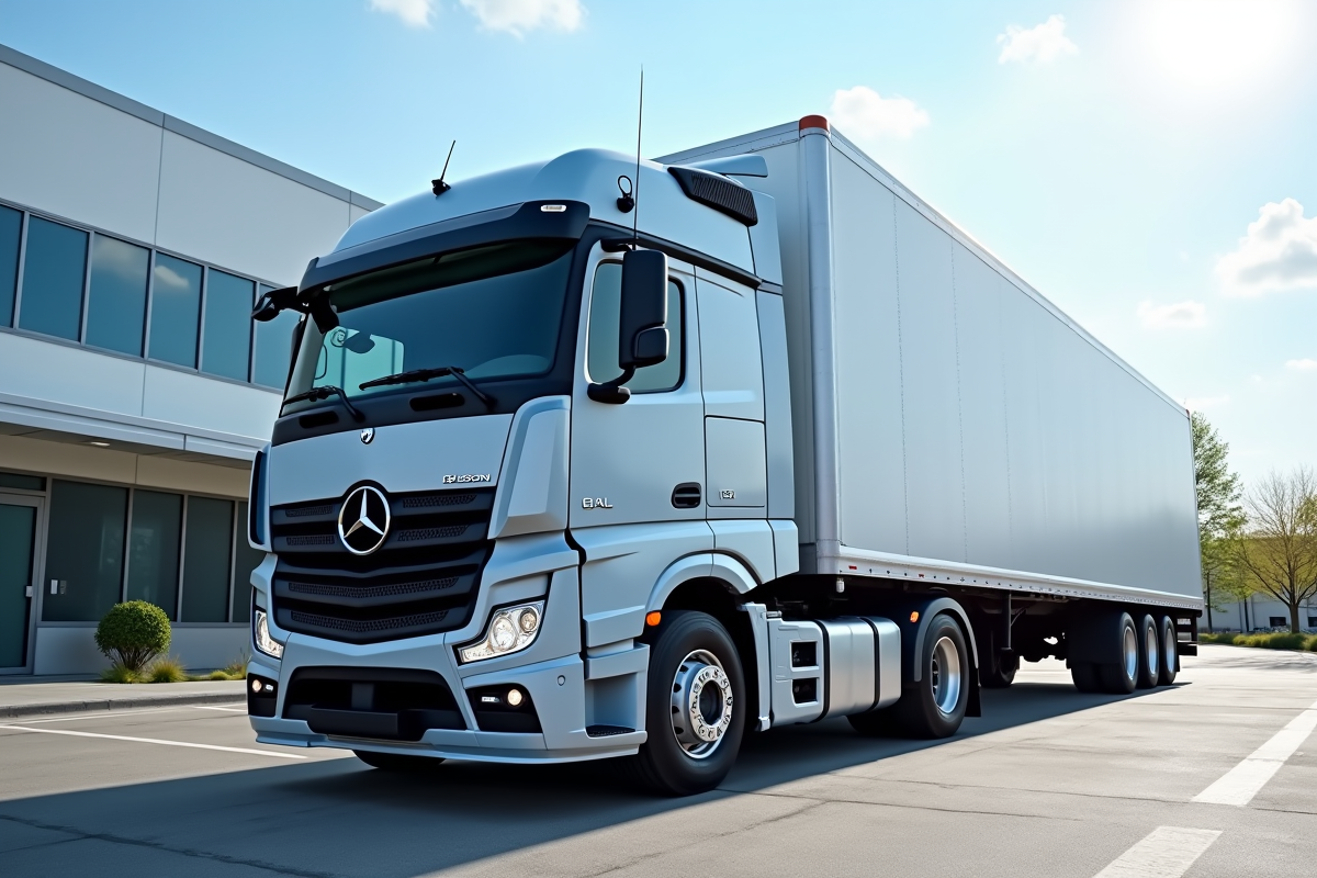 Camion utilitaire d'occasion devant une entreprise moderne