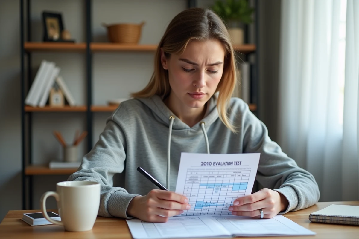 Candidate au permis de conduire analysant une grille de notation avec les critères d'évaluation