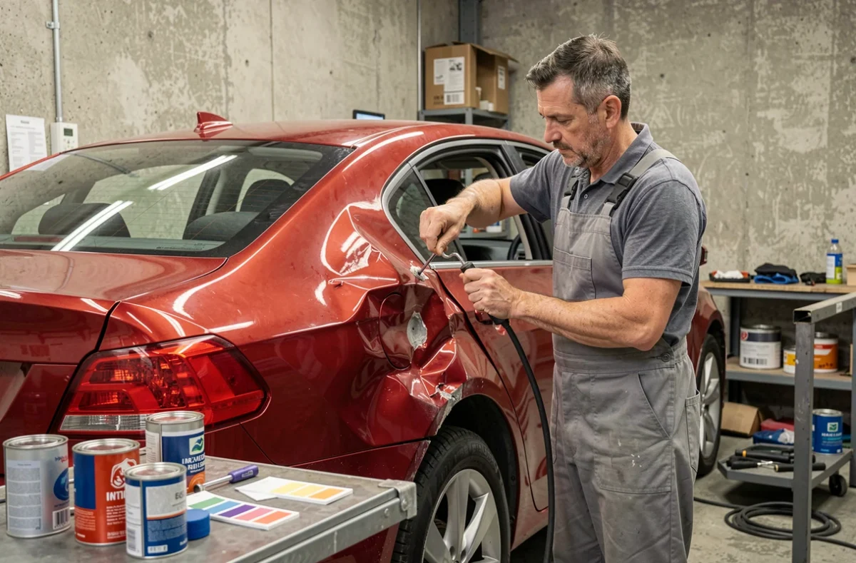 Carrossier débossant une aile arrière endommagée sur une berline rouge dans l'atelier de la Carrosserie Mamy Relançons