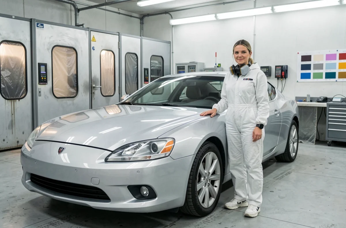 Technicienne en carrosserie et peinture automobile debout à côté d'une voiture fraîchement laquée dans l'atelier de la Carrosserie MPH à Montandon