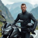 Cavalier confiant avec moto haute performance en montagne