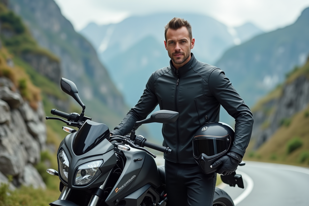 Cavalier confiant avec moto haute performance en montagne