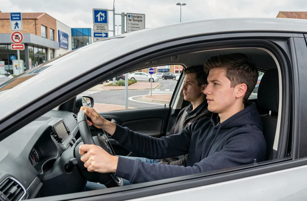 Apprenti conducteur négociant un rond-point lors d'un cours avec CER Savigny-le-Temple