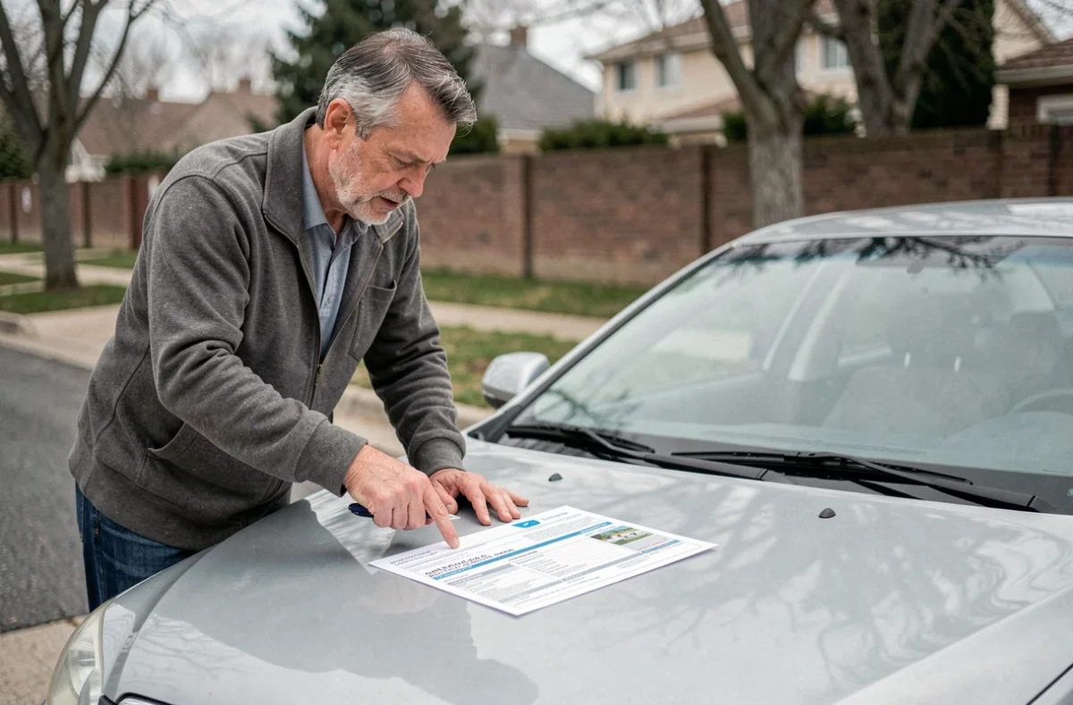 Deux personnes vérifiant une carte grise posée sur le capot d'une voiture lors d'une transaction de cession entre particuliers