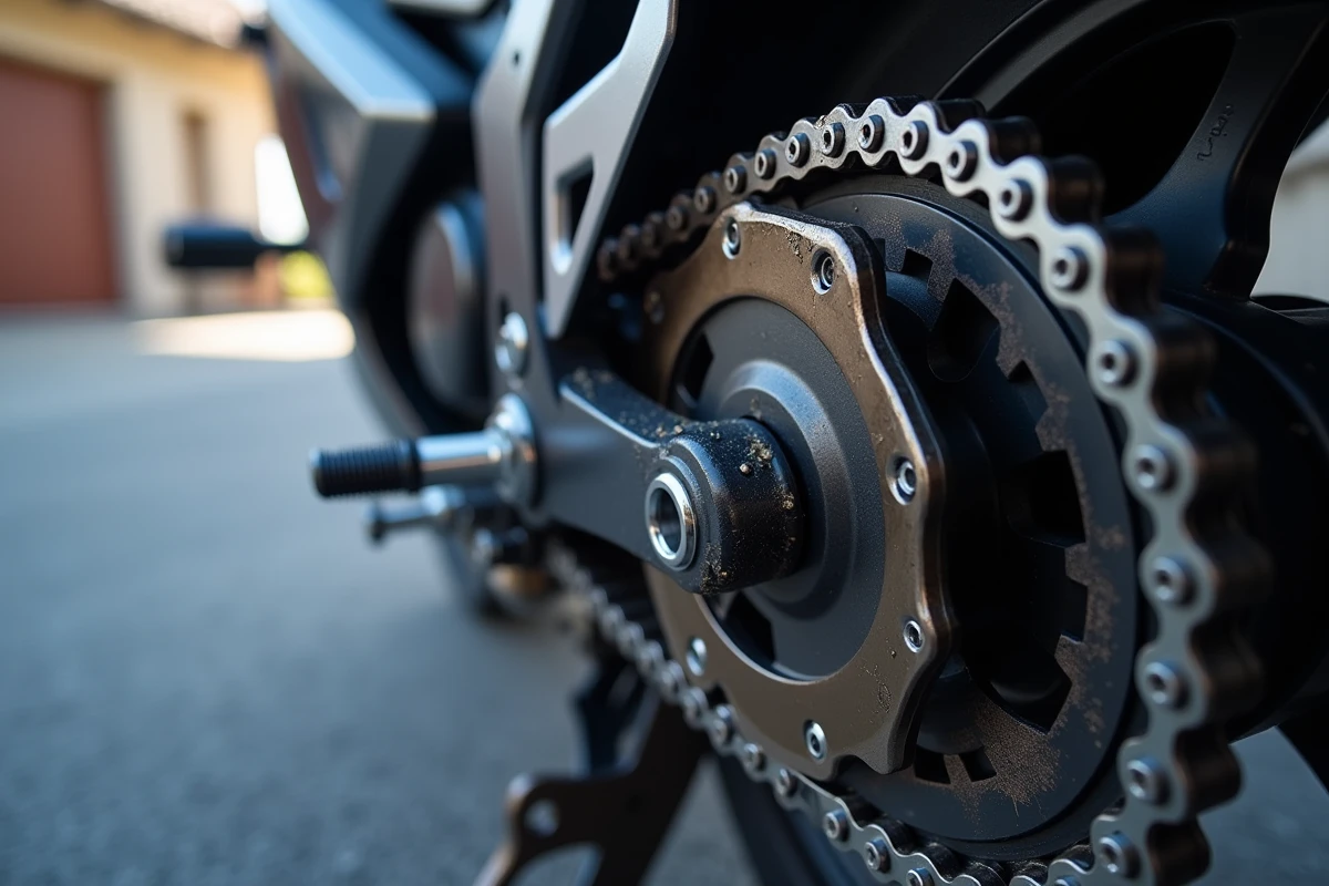 Chaîne et pignon de Suzuki GSX 600 R lubrifiés lors d'une opération d'entretien en extérieur