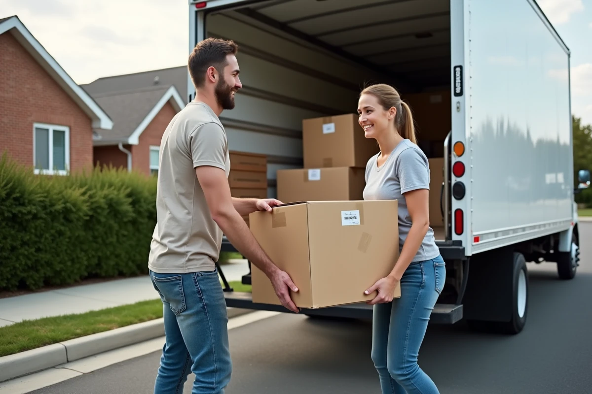 Couple chargeant des cartons dans un camion de déménagement loué, illustration du déménagement avec location Super U