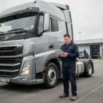 Chauffeur de camion 38 tonnes consultant des documents d'assurance devant son semi-remorque dans un dépôt logistique