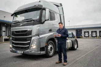 Chauffeur de camion 38 tonnes consultant des documents d'assurance devant son semi-remorque dans un dépôt logistique