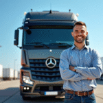 Chauffeur poids lourd souriant devant un camion moderne