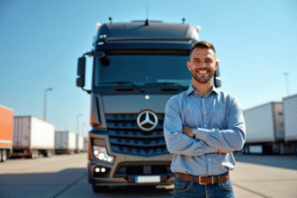 Chauffeur poids lourd souriant devant un camion moderne